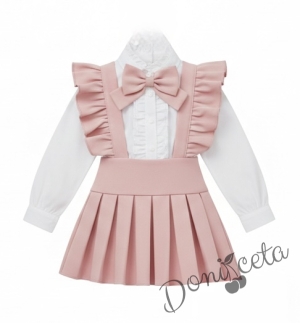 Комплект за момиче от 3 части- сукман Гери в розово с плисирана пола, риза в бяло с дълъг ръкав и къдрички и панделка в  розово