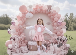 Комплект за момиче от 3 части- сукман Гери в розово с плисирана пола, риза в бяло с дълъг ръкав и къдрички и панделка в  розово