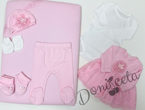 Комплект за изписване за момиче от 7 части в розово с дантела