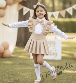 Комплект за момиче в бежово-сукман плисе Гери от 4 части- риза с дълъг ръкав с панделка и чорапки с панделка в бежово