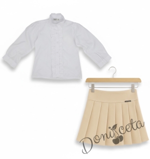 Комплект за момиче от 2 части-пола Гери в бежово и риза с дълъг ръкав в бяло с къдрички 
