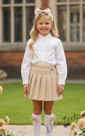 Комплект за момиче от 2 части-пола Гери в бежово и риза с дълъг ръкав в бяло с къдрички 