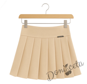 Комплект от 4 части-пола Тамара в бежово, риза с къс ръкав в бяло с къдрички, панделка в бежово и чорапи с панделка 4