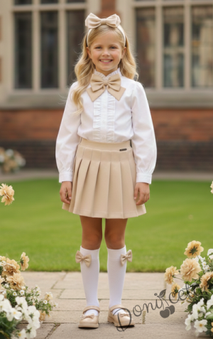 Комплект за момиче от 4 части-пола Гери в бежово, риза с дълъг ръкав в бяло с къдрички, панделка в бежово и чорапи с панделка