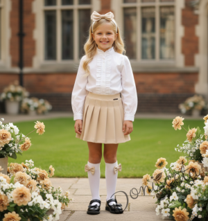 Детска бяла риза за момиче с дълъг ръкав и къдрички 