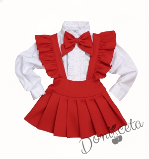 Комплект за момиче от 5 части- сукман Гери в червено с плисирана пола, риза в бяло с дълъг ръкав и къдрички ,панделка за ризка и чорапки и диадема в  червено