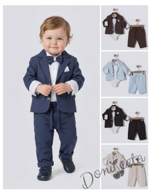 Бебешки комплект за момче от 4 части- боди-риза в бяло с панталон, сако и папийонка в светлосиньо