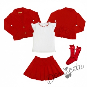 Комплект от пола Гери и сако в червено, тениска в бяло с къс ръкав обкрайчена с червено и чорапи с панделка