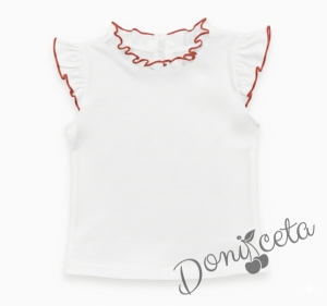 Комплект от пола Гери и сако в червено, тениска в бяло с къс ръкав обкрайчена с червено и чорапи с панделка