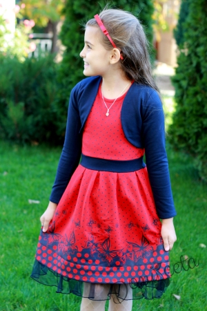 Ватирана ежедневна детска рокля в червено с болеро в тъмносиньо за есен-зима