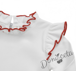 Комплект от пола Гери и сако в червено, блузка с дълъг ръкав  обкрайчена с червено и чорапи с панделка