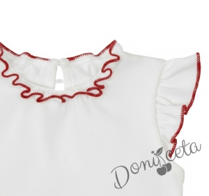 Комплект от пола Гери и сако в червено, тениска в бяло с къс ръкав обкрайчена с червено и чорапи с панделка