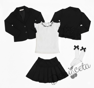 Комплект от пола Гери и сако в черно, тениска в бяло с къс ръкав обкрайчена с черно и чорапи с панделка