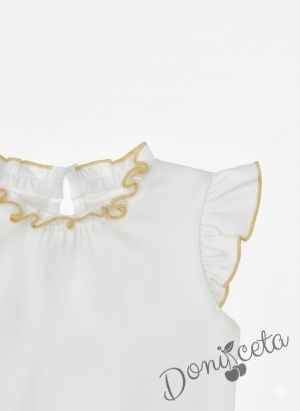 Комплект от пола Гери и сако в жълто, тениска в бяло с къс ръкав обкрайчена с жълто и чорапи с панделка