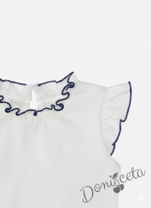 Комплект от пола Гери и сако в тъмносиньо, тениска в бяло с къс ръкав обкрайчена със сини шевове и чорапи с панделка