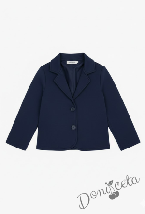 Комплект от пола Гери и сако в тъмносиньо, тениска в бяло с къс ръкав обкрайчена със сини шевове и чорапи с панделка