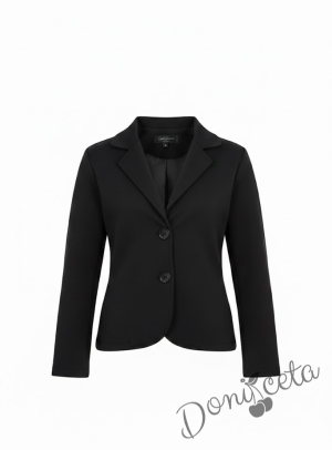 Комплект 3 части от пола Гери и сако в черно, блузка в бяло с къс ръкав обкрайчена с черно и чорапи с панделка