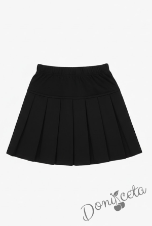 Комплект 3 части от пола Гери и сако в черно, блузка в бяло с къс ръкав обкрайчена с черно и чорапи с панделка