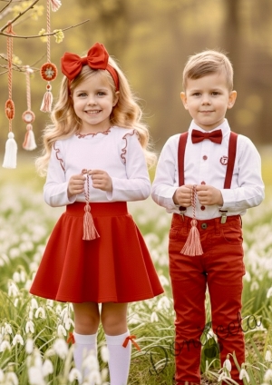 Официален комплект за момче от панталон в червено, риза в бяло, тиранти и папийонка от колекция Червеника