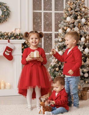 Детско сако трико за момче в червено с джобчета