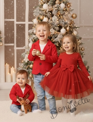 Детско сако трико за момче в червено с джобчета