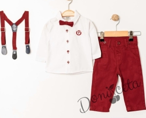 Официален детски комплект за момче от панталон в червено, риза в бяло, тиранти и папийонка от колекция Червеника