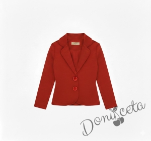 Комплект от пола Гери и сако в червено, блузка с дълъг ръкав  обкрайчена с червено и чорапи  в бяло с панделка
