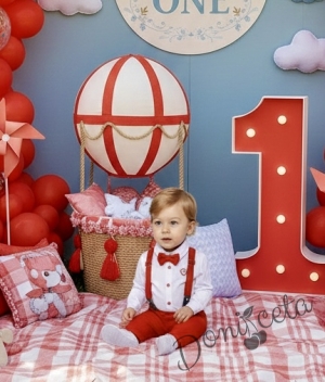 Официален детски комплект за момче от панталон в червено, риза в бяло, тиранти и папийонка от колекция Червеника