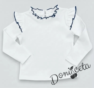 Комплект за момиче от 2 части-пола клош от трико Роси в тъмносиньо и блуза с дълъг ръкав с къдрички в бяло  обкрайчени с тъмносиньо