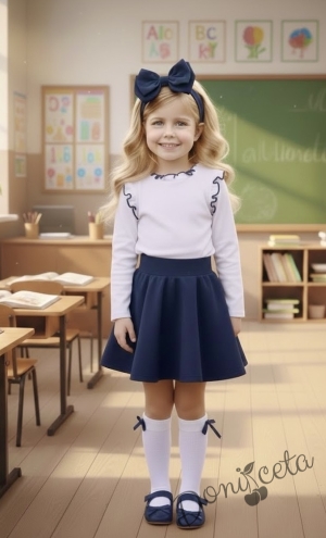 Комплект за момиче от 2 части-пола клош от трико Роси в тъмносиньо и блуза с дълъг ръкав с къдрички в бяло  обкрайчени с тъмносиньо