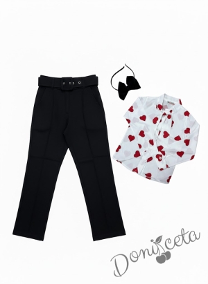 Стилен комплект за момиче от 3 части риза в бяло с червени сърчица съчетана с диадема и панталон в черно