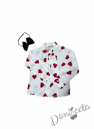 Стилен комплект за момиче от 3 части риза в бяло с червени сърчица съчетана с диадема и панталон в черно