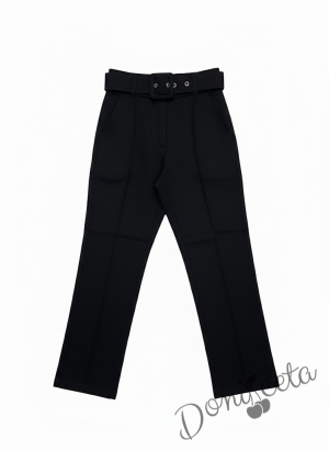 Стилен комплект за момиче от 3 части риза в бяло с червени сърчица съчетана с диадема и панталон в черно