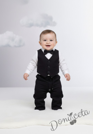 Бебешки спортно-елегантен комплект в черно от боди-риза в бяло, панталон, елек и папийонка