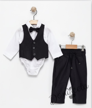 Бебешки спортно-елегантен комплект в черно от боди-риза в бяло, панталон, елек и папийонка