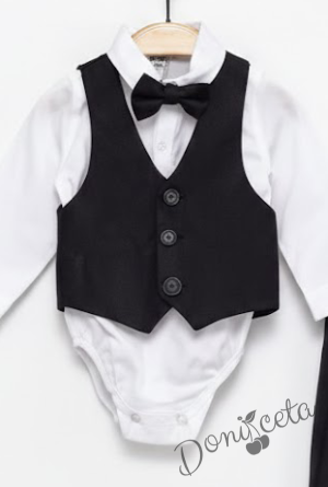 Бебешки спортно-елегантен комплект в черно от боди-риза в бяло, панталон, елек и папийонка