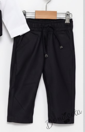 Бебешки спортно-елегантен комплект в черно от боди-риза в бяло, панталон, елек и папийонка