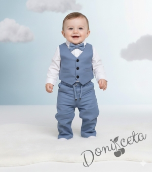 Бебешки спортно-елегантен комплект в синьо от боди-риза в бяло, панталон, елек и папийонка