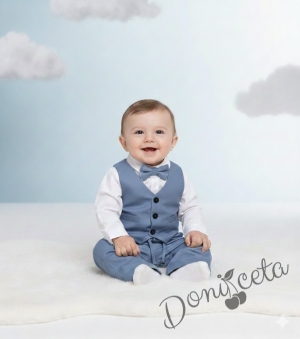 Бебешки спортно-елегантен комплект в синьо от боди-риза в бяло, панталон, елек и папийонка