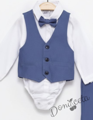 Бебешки спортно-елегантен комплект в синьо от боди-риза в бяло, панталон, елек и папийонка