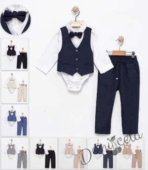 Бебешки спортно-елегантен комплект в синьо от боди-риза в бяло, панталон, елек и папийонка