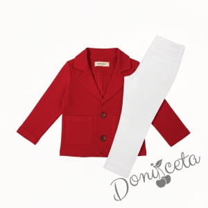 Комплект от детско сако трико за момче в червено с джобчета и панталон в бяло