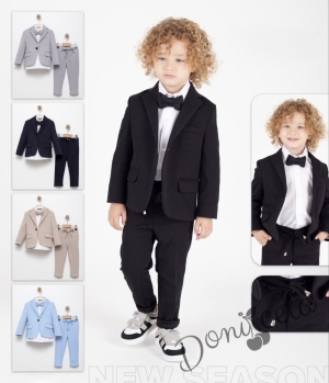 Спортно-елегантен комплект Тери за момче от 4 части в светлосиньо - риза в бяло, сако с джобове, панталон  с връзки и папийонка