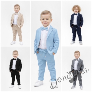 Спортно-елегантен комплект Тери от колекция Бежина за момче от 4 части в бежово - риза в бяло, сако с джобове, панталон с връзки и папийонка