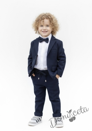 Спортно-елегантен комплект Тери за момче от 4 части в тъмносиньо -риза в бяло, сако с джобове, панталон с връзки и папийонка