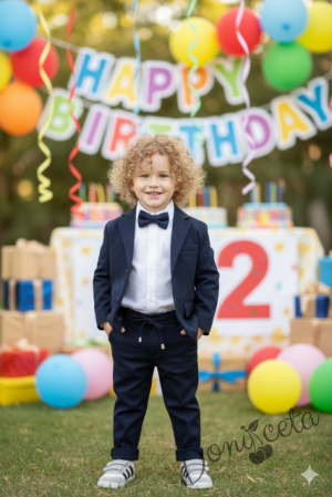 Спортно-елегантен комплект Тери за момче от 4 части в тъмносиньо -риза в бяло, сако с джобове, панталон с връзки и папийонка