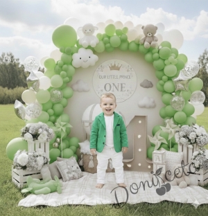 Комплект от детско сако от трико за момче в зелено с джобчета и панталон в бяло