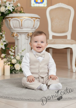 Бебешки спортно-елегантен комплект от боди-риза в бяло, панталон, елек и папийонка в екрю