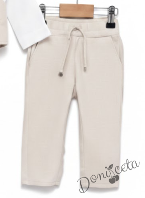 Бебешки спортно-елегантен комплект от боди-риза в бяло, панталон, елек и папийонка в екрю