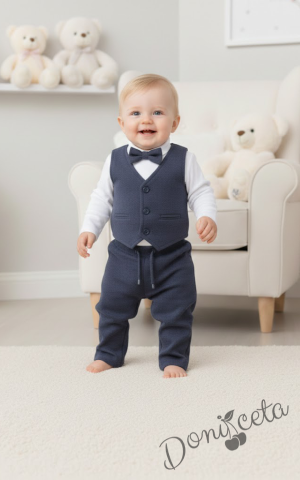 Бебешки спортно-елегантен комплект от боди-риза в бяло, панталон, елек и папийонка в тъмносиво